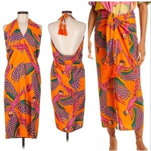 Farm Rio Orange Parrot Macaw Tropical Tie Tassel Skirt Small